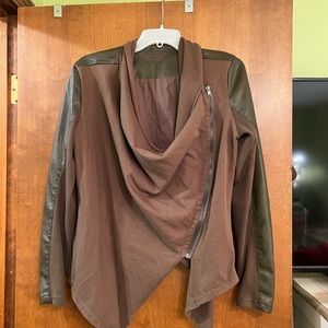 Olive green drapey jacket. Back is faux leather.